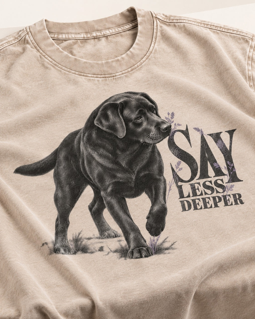 Say Less Deeper Labrador Retriever Washed Tee in Apricot, close-up of the graphic