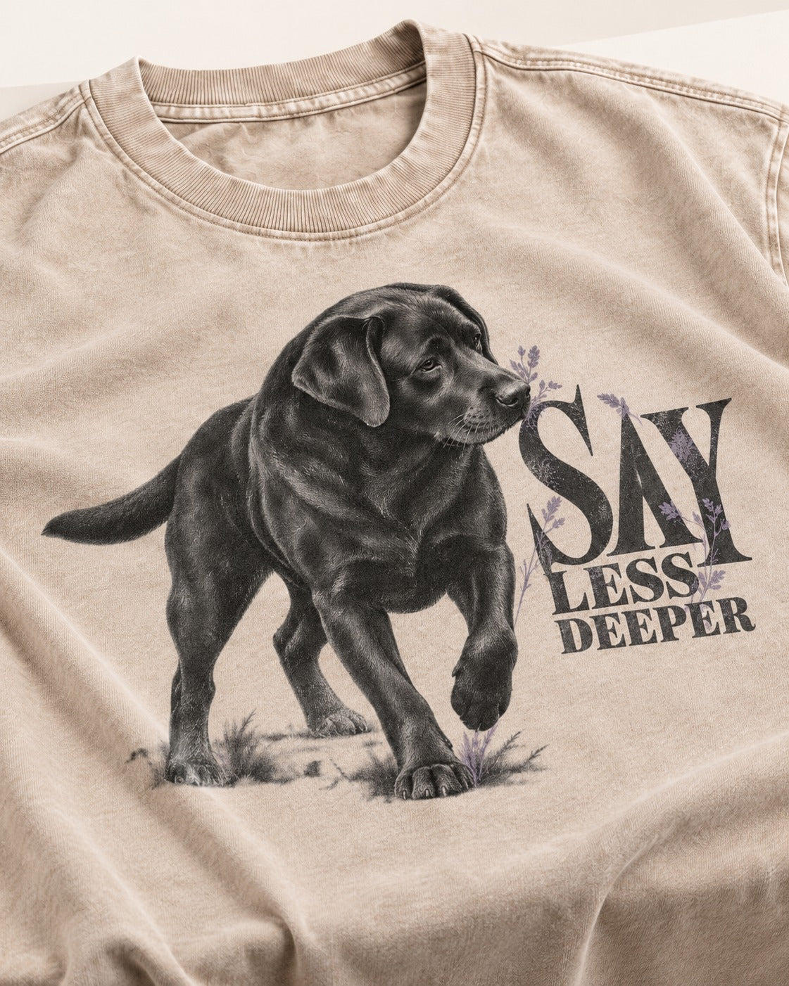 Say Less Deeper Labrador Retriever Washed Tee in Apricot, close-up of the graphic
