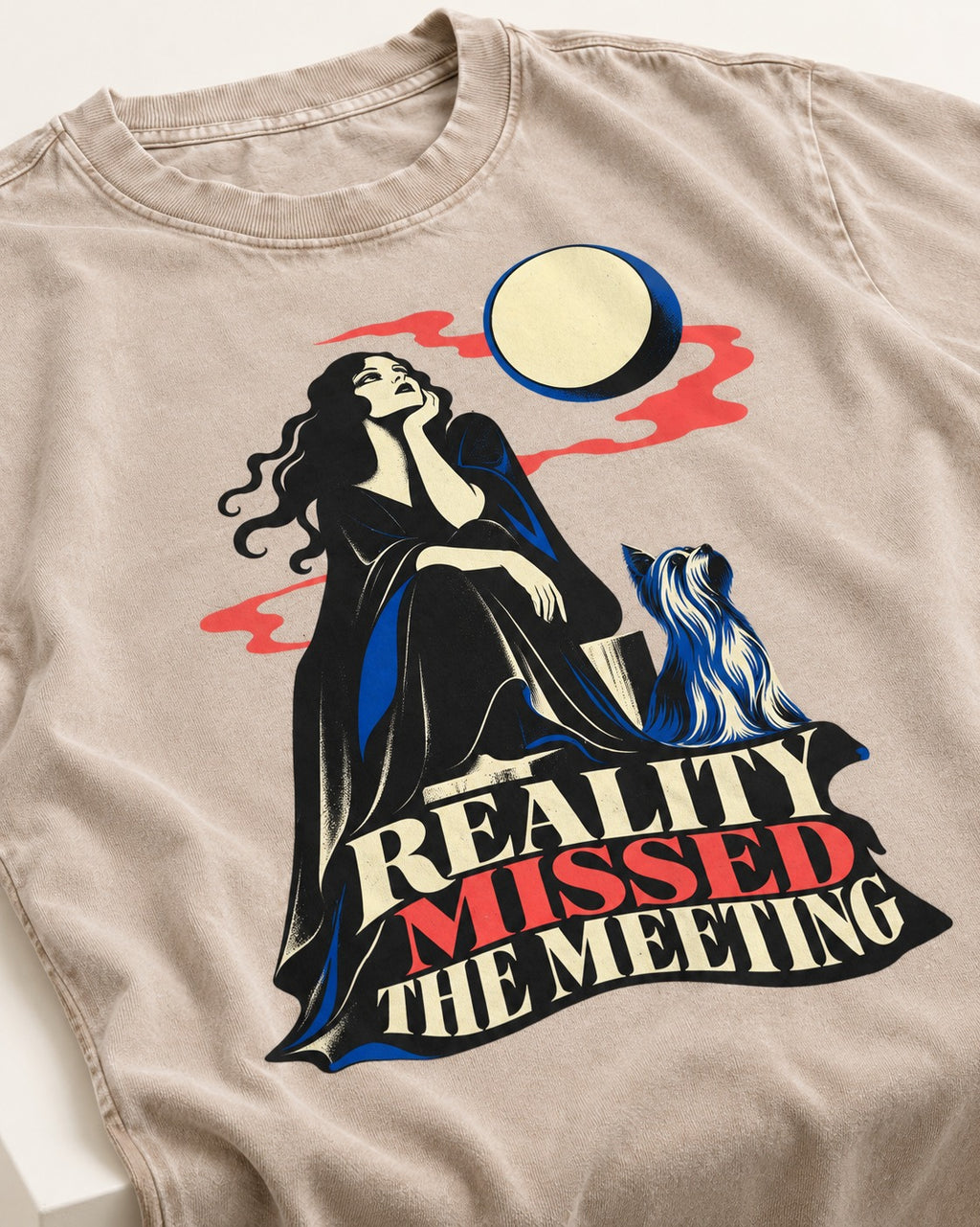 Yorkshire Terrier Reality Missed the Meeting Washed Tee in Apricot, close-up of the graphic