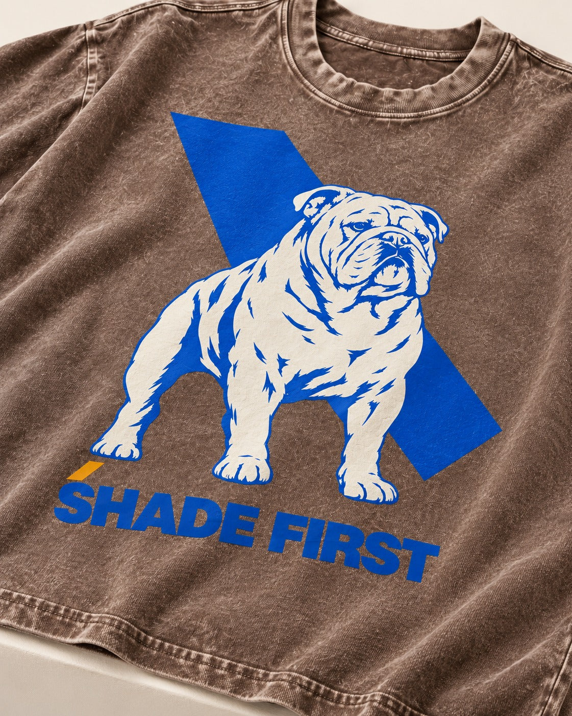 Shade First English Bulldog Washed Tee in Coffee, close-up of the graphic