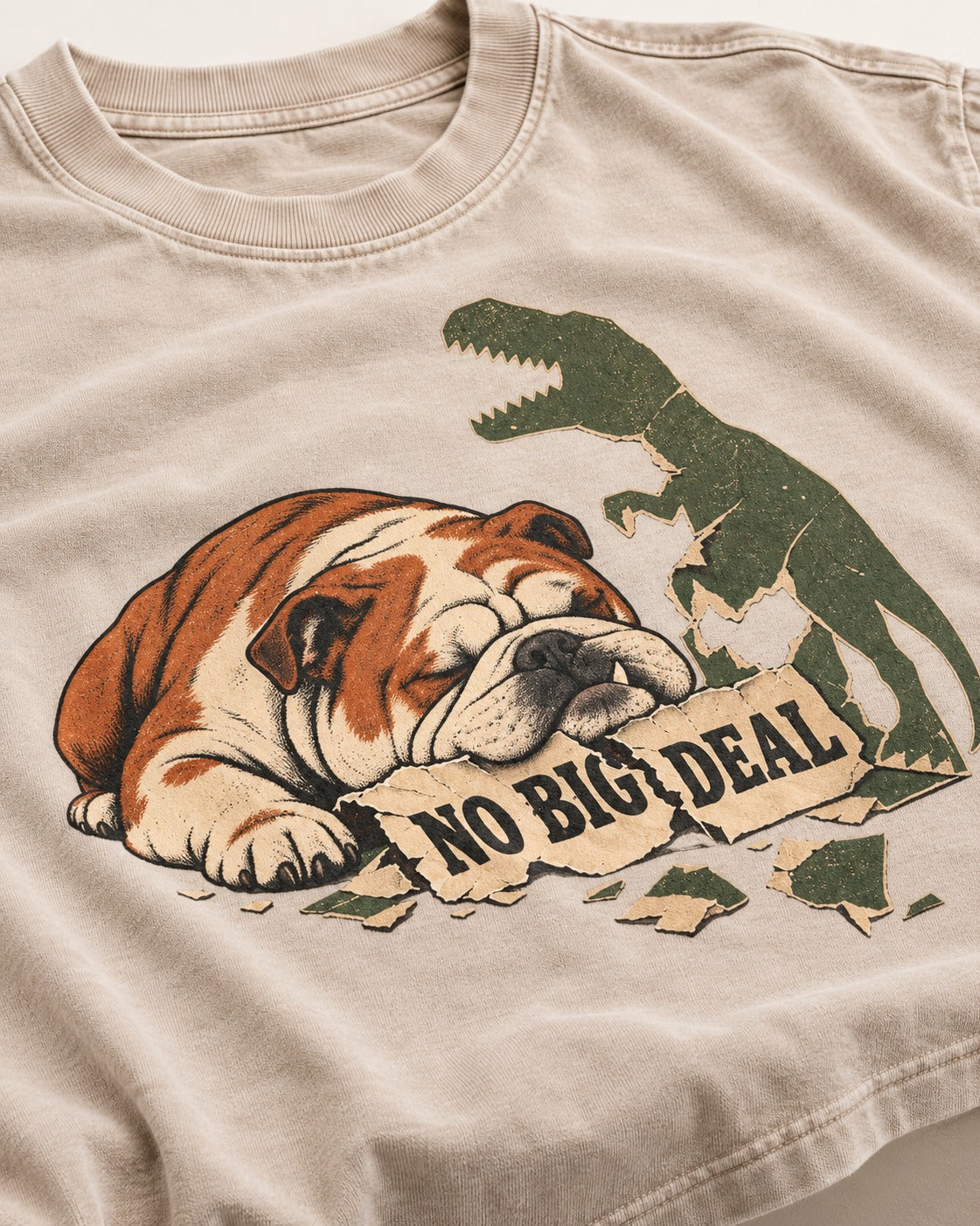 English Bulldog No Big Deal Dinosaur Graphic Washed Tee in Apricot, close-up of the graphic