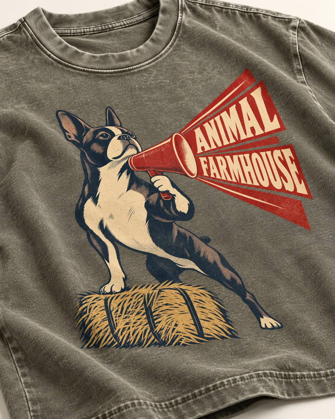 Animal Farmhouse Boston Terrier Washed Tee in Army Green, close-up of the graphic