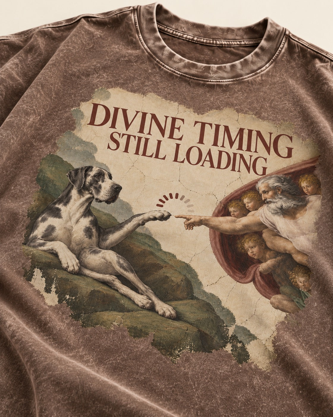 Great Dane Divine Timing Still Loading Washed Tee in Coffee, close-up of the graphic