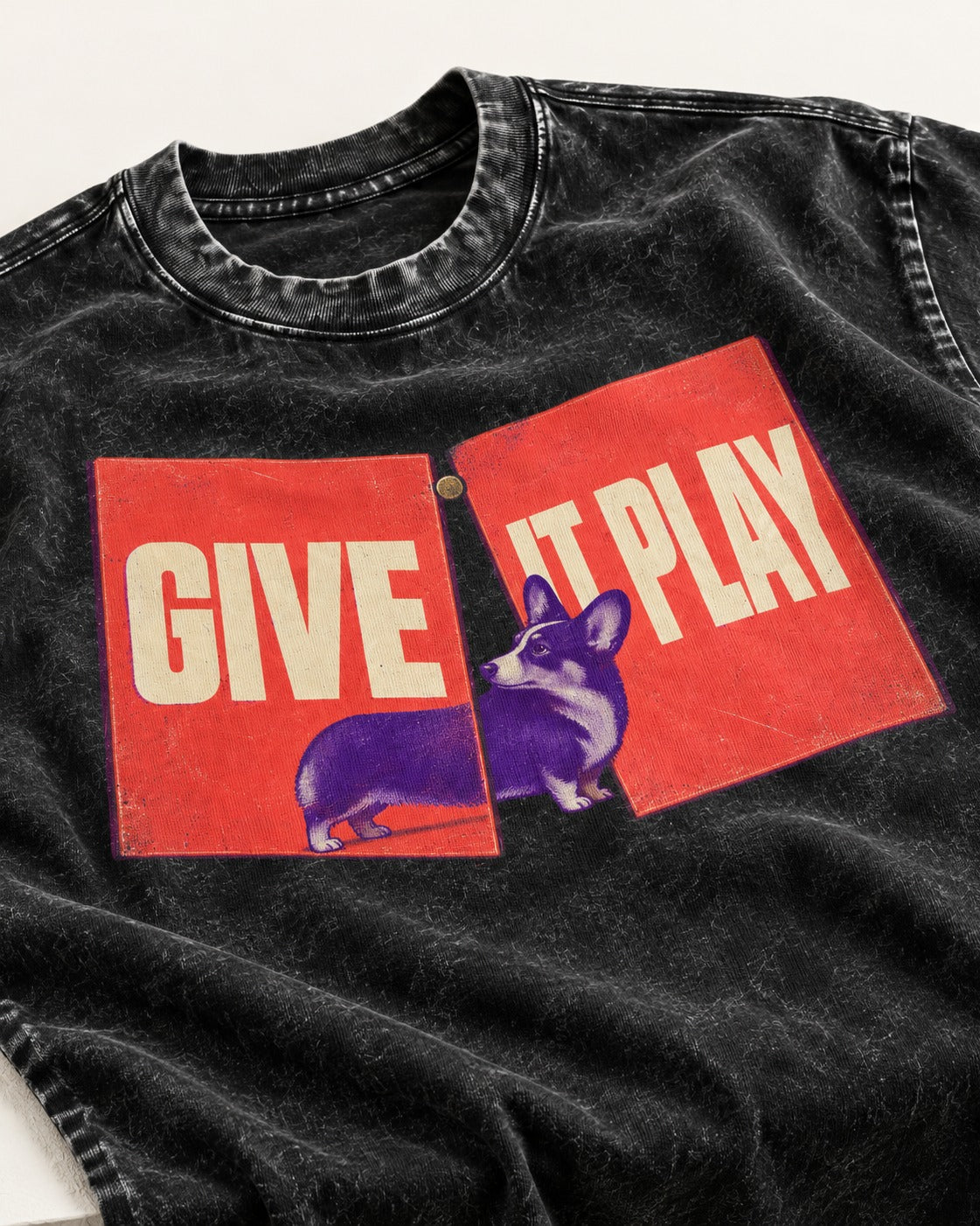 Corgi Give It Play Folding Panels Washed Tee in Black, close-up of the graphic