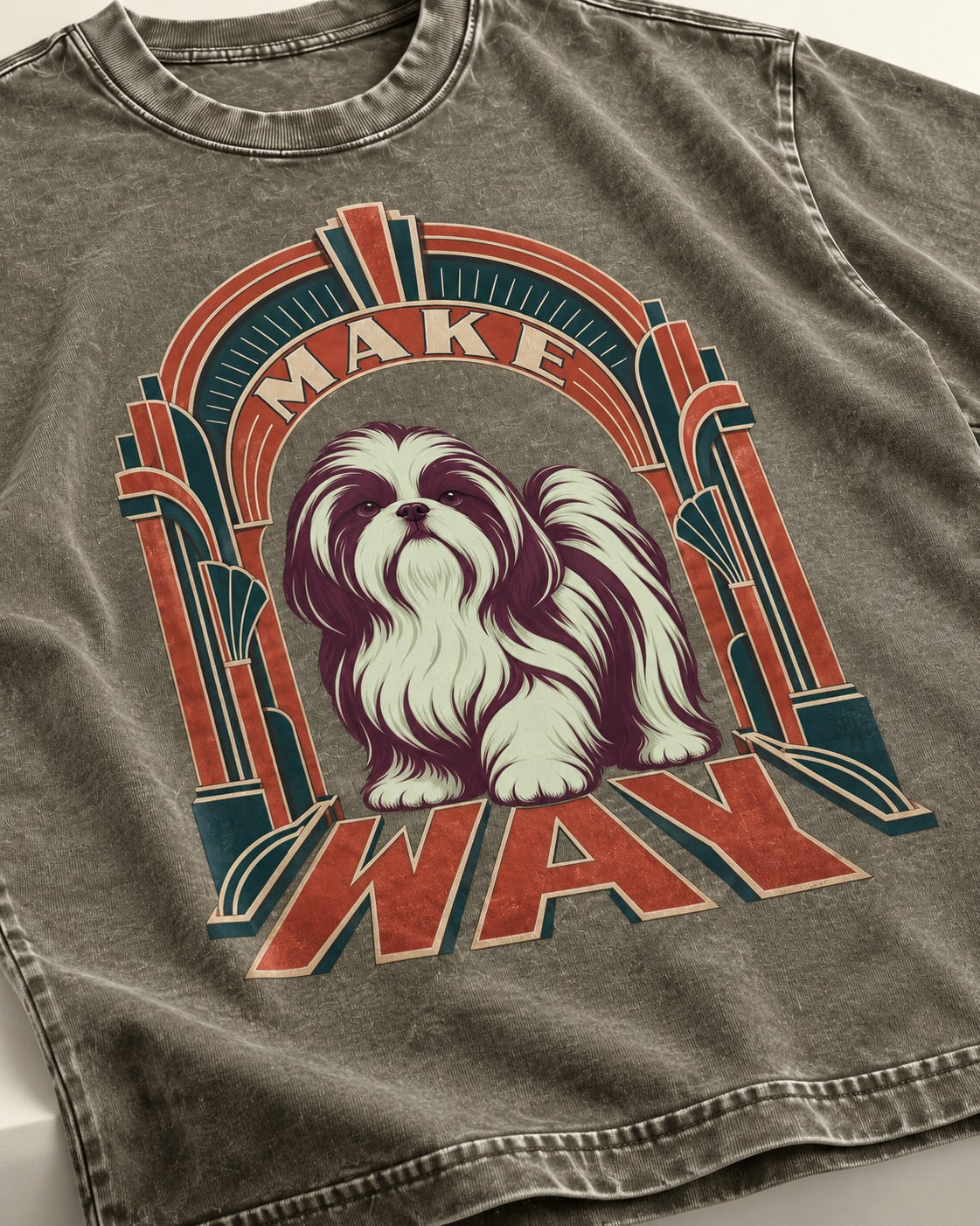 Shih Tzu Make Way Art Deco Arch Portrait Washed Tee in Army Green, close-up of the graphic