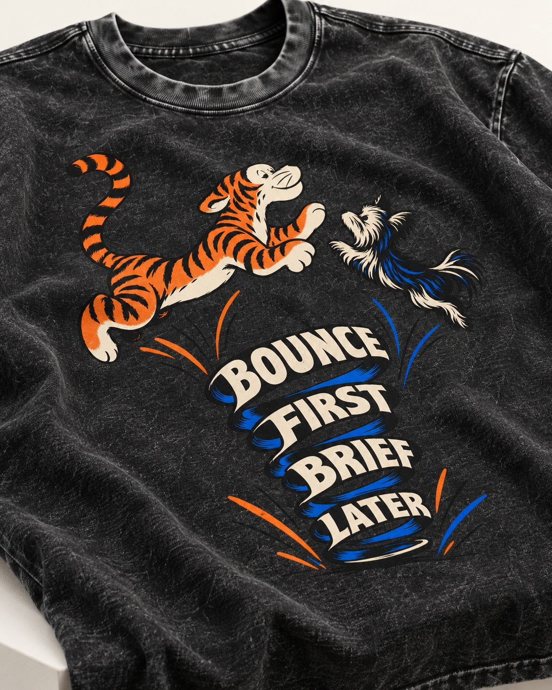 Yorkshire Terrier Bounce First Brief Later Tiger Graphic Washed Tee in Black, close-up of the graphic