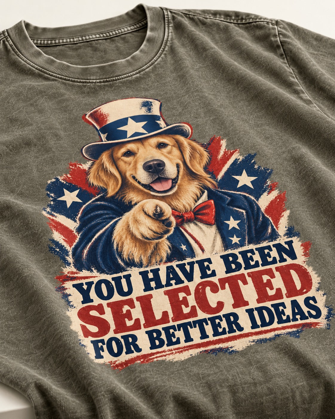 You Have Been Selected for Better Ideas Uncle Sam Golden Retriever Graphic Washed Tee in Army Green, close-up of the graphic