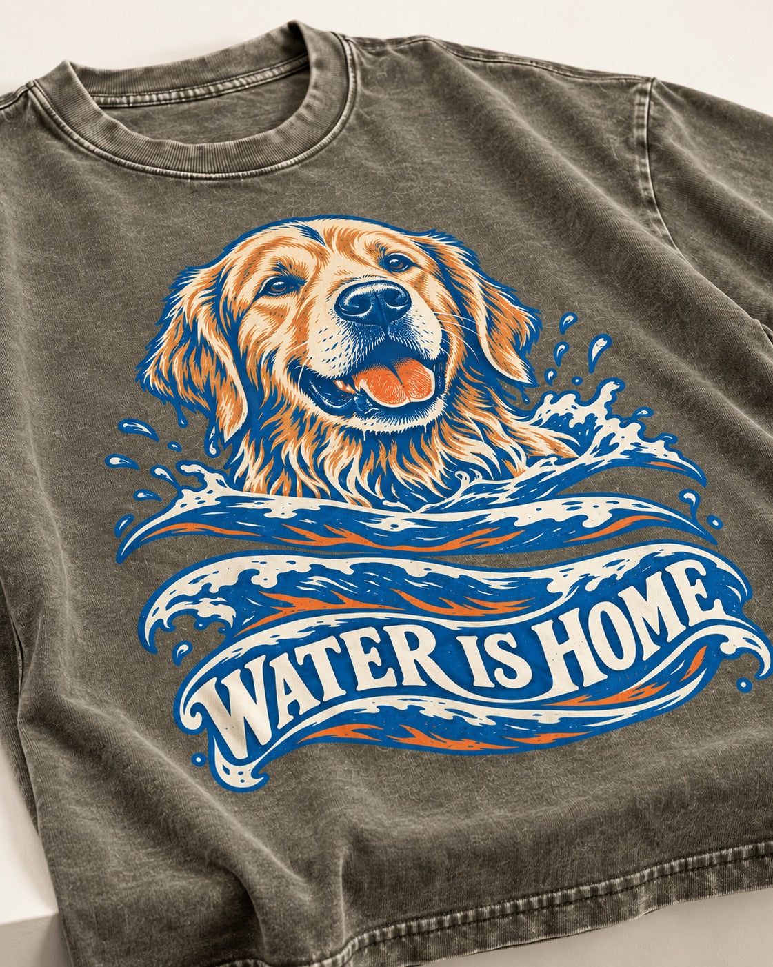Golden Retriever Water Is Home Ocean Wave Graphic Washed Tee in Army Green, close-up of the graphic