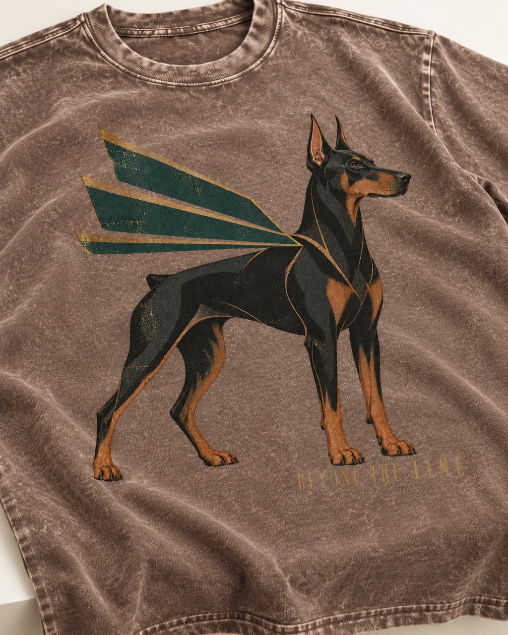 Release the Doberman Line Washed Tee in Coffee, close-up of the graphic