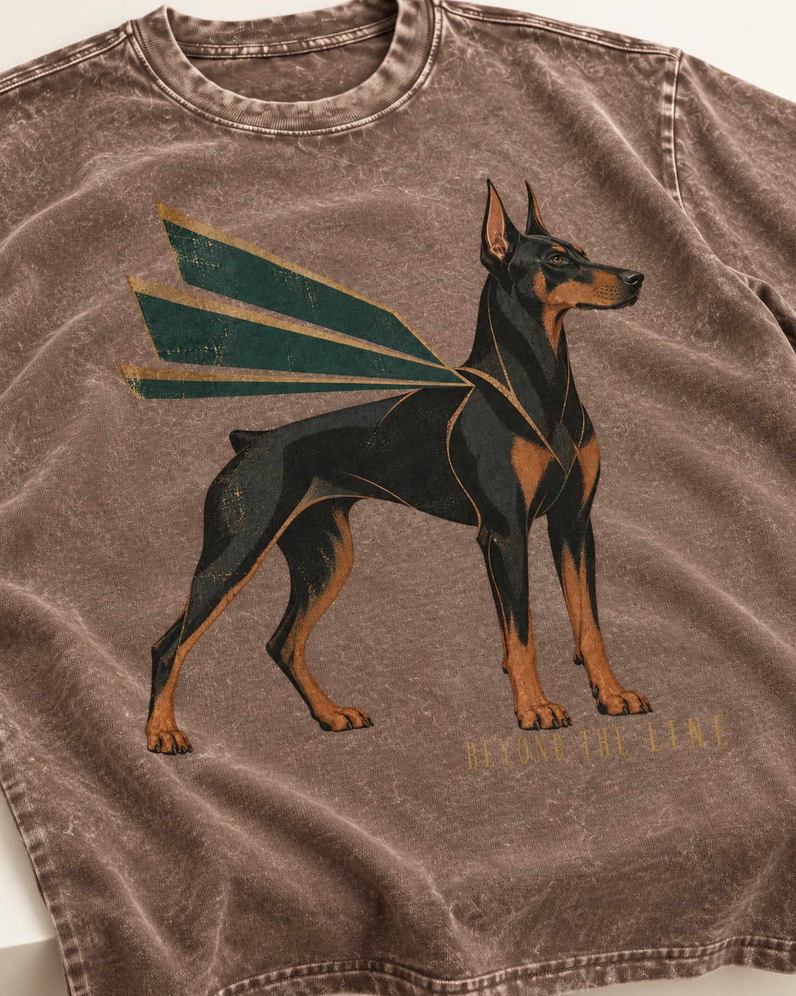 Release the Doberman Line Washed Tee in Coffee, close-up of the graphic