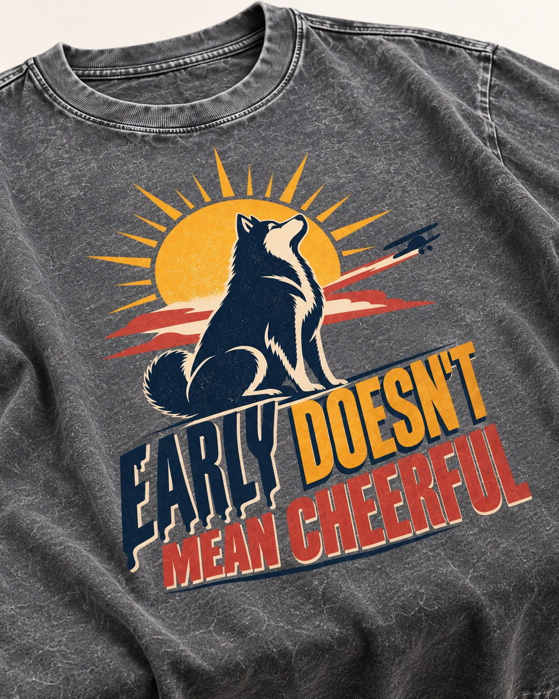 Husky Early Doesnt Mean Cheerful Sunrise Airplane Graphic Washed Tee in Gray, close-up of the graphic