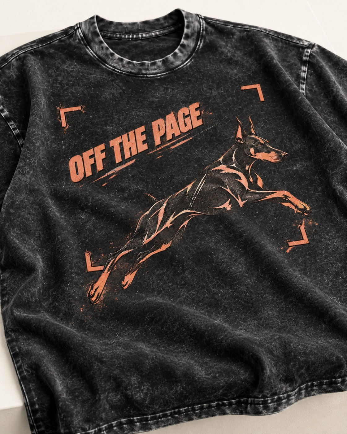 Doberman Off the Page Focus Frame Graphic Washed Tee in Black, close-up of the graphic