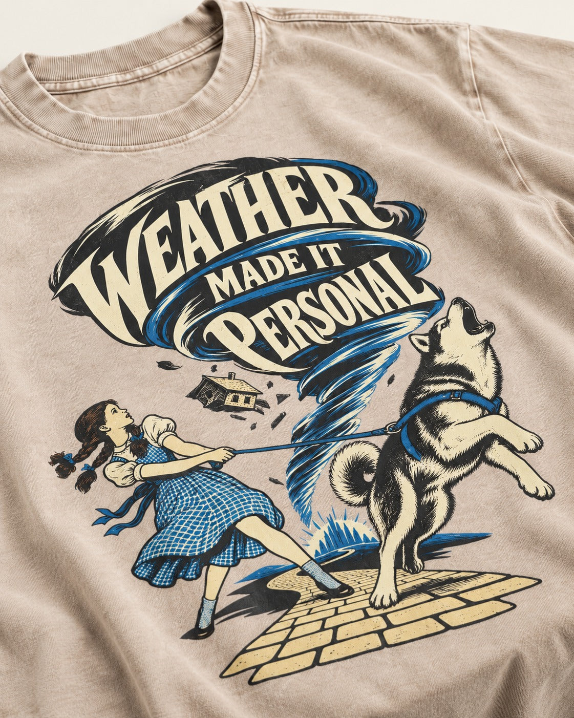 Husky Weather Made It Personal Washed Tee in Apricot, close-up of the graphic