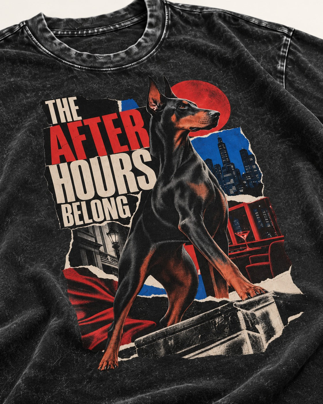 Doberman The After Hours Belong City Collage Washed Tee in Black, close-up of the graphic