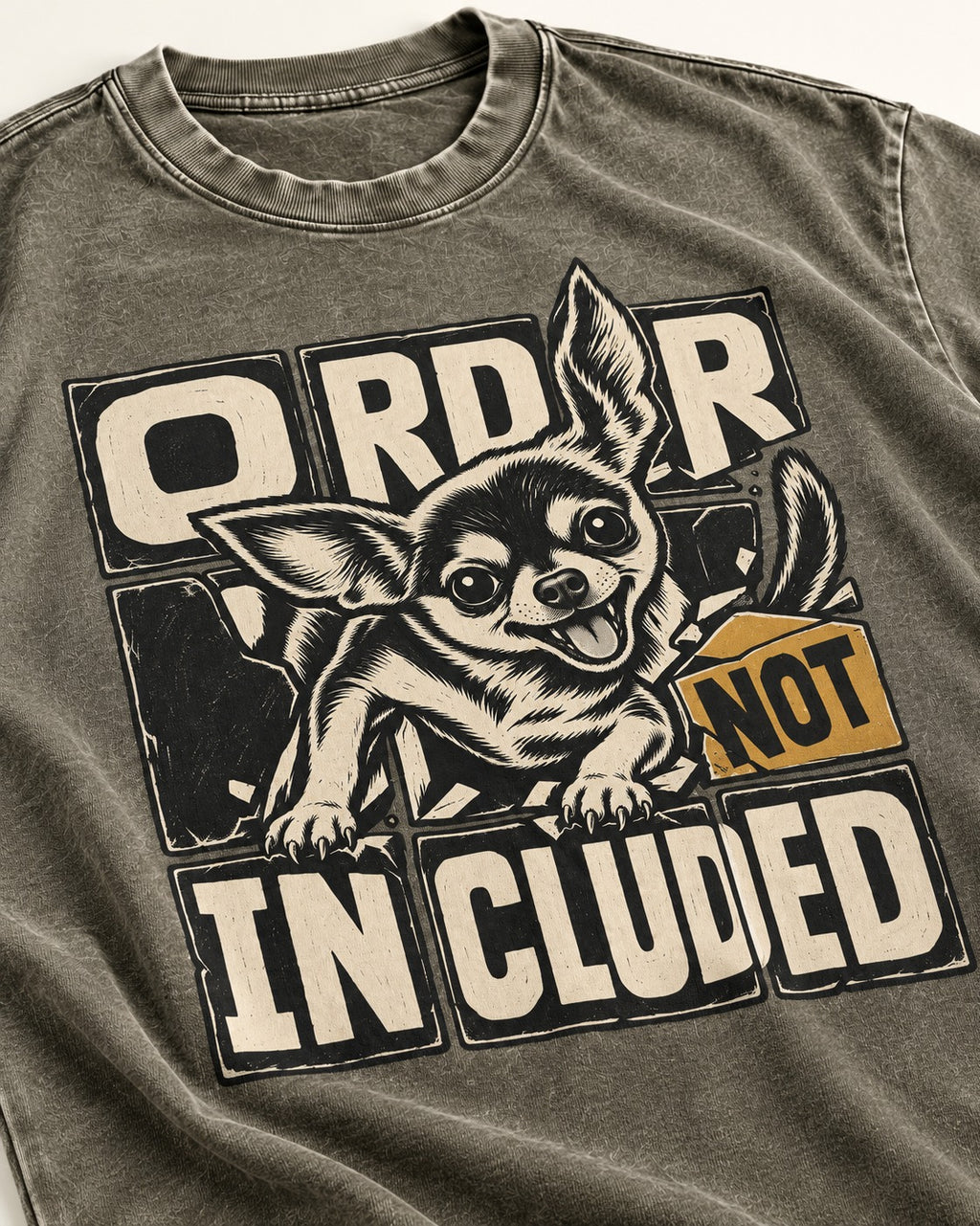 Chihuahua Order Not Included Broken Grid Graphic Washed Tee in Army Green, close-up of the graphic
