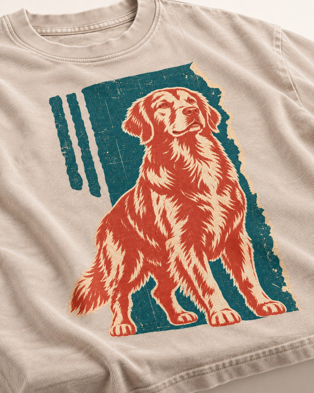 Golden Retriever Steadfast Heart Washed Tee in Apricot, close-up of the graphic