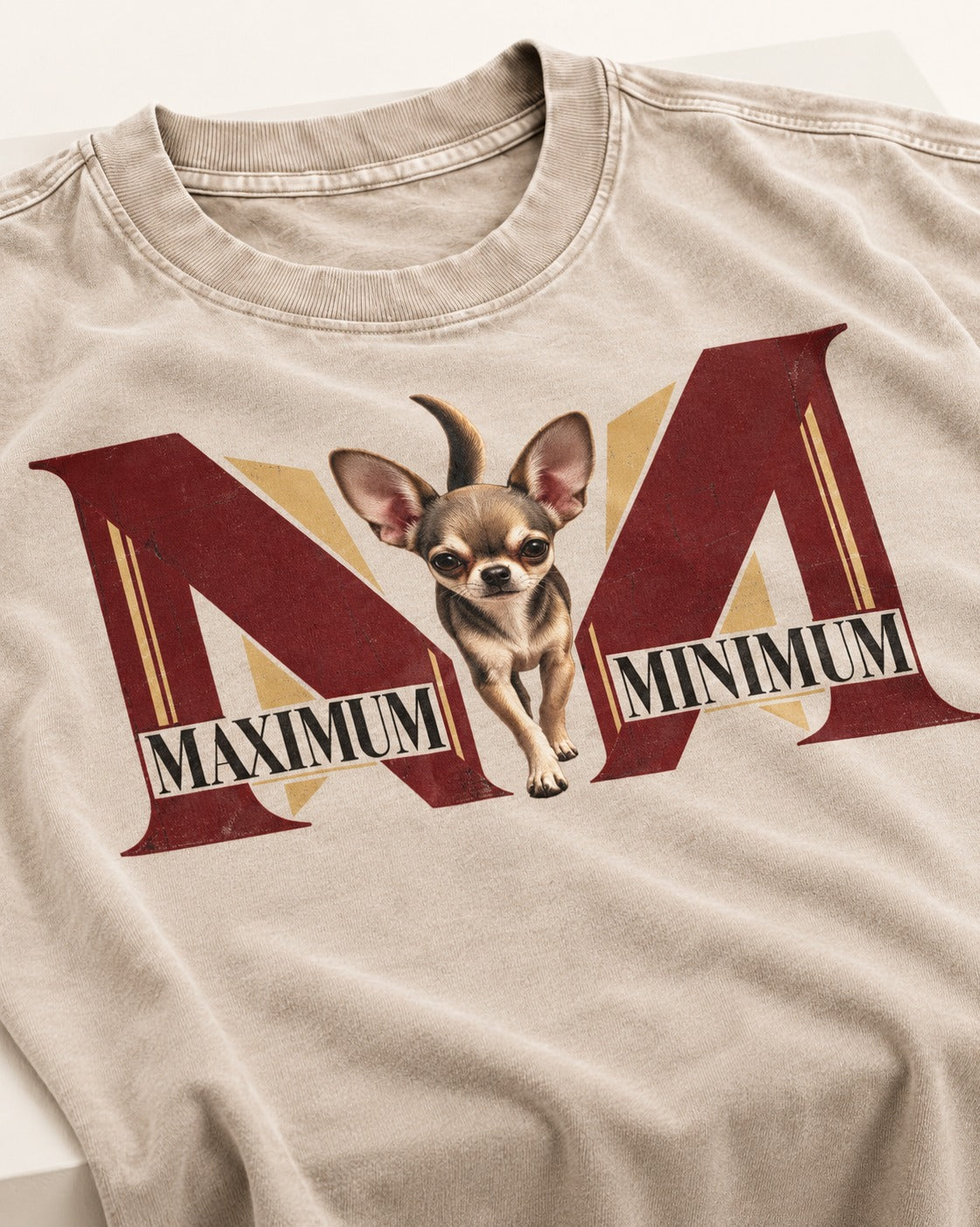 Maximum Minimum Chihuahua Washed Tee in Apricot, close-up of the graphic