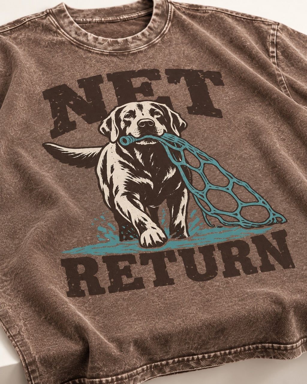 Net Return Labrador Retriever Washed Tee in Coffee, close-up of the graphic