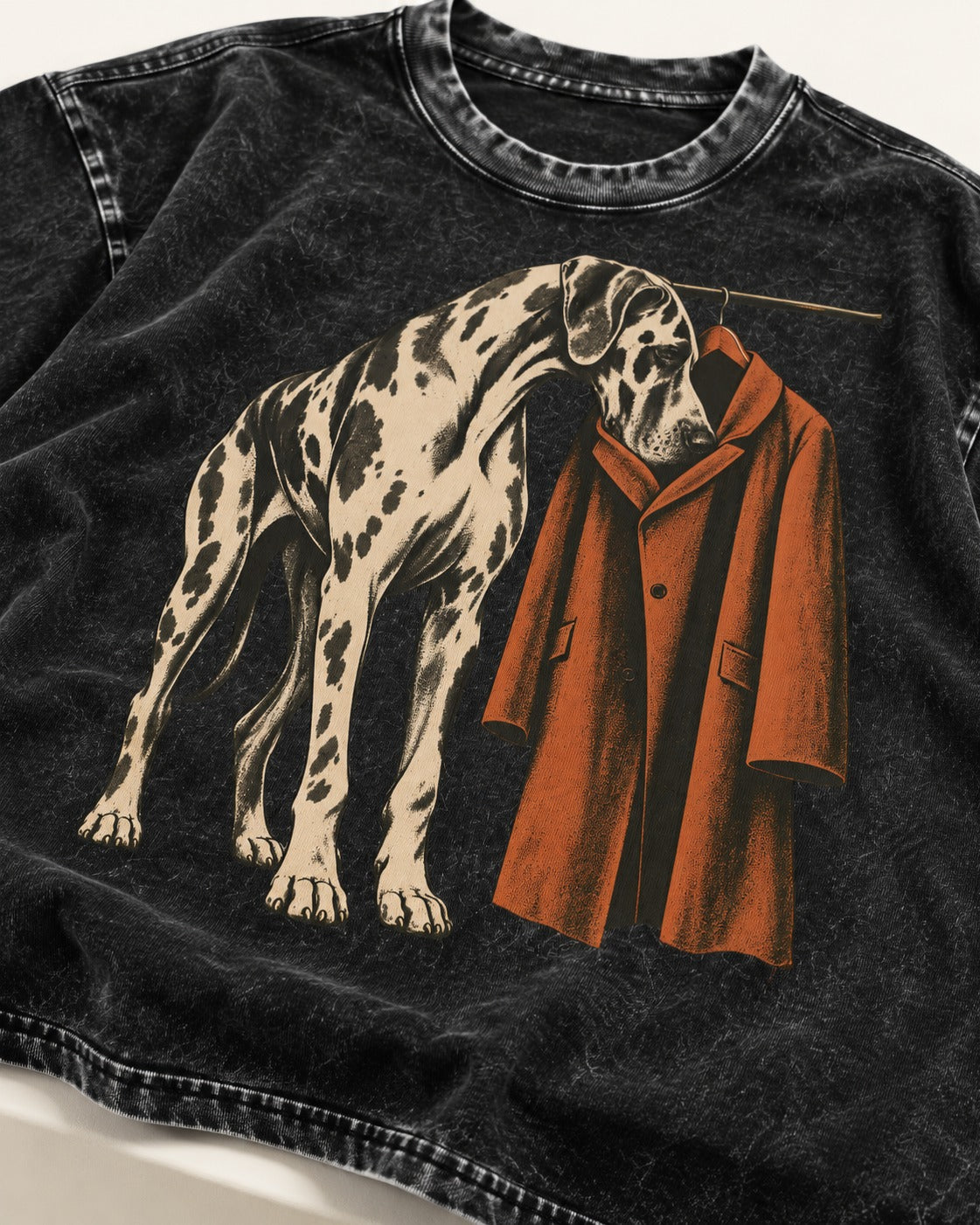 Great Dane Harlequin Coat Rack Overcoat Graphic Washed Tee in Black, close-up of the graphic