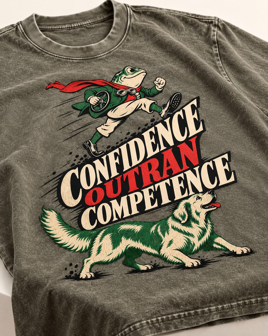 Golden Retriever Confidence Outran Competence Racing Graphic Washed Tee in Army Green, close-up of the graphic