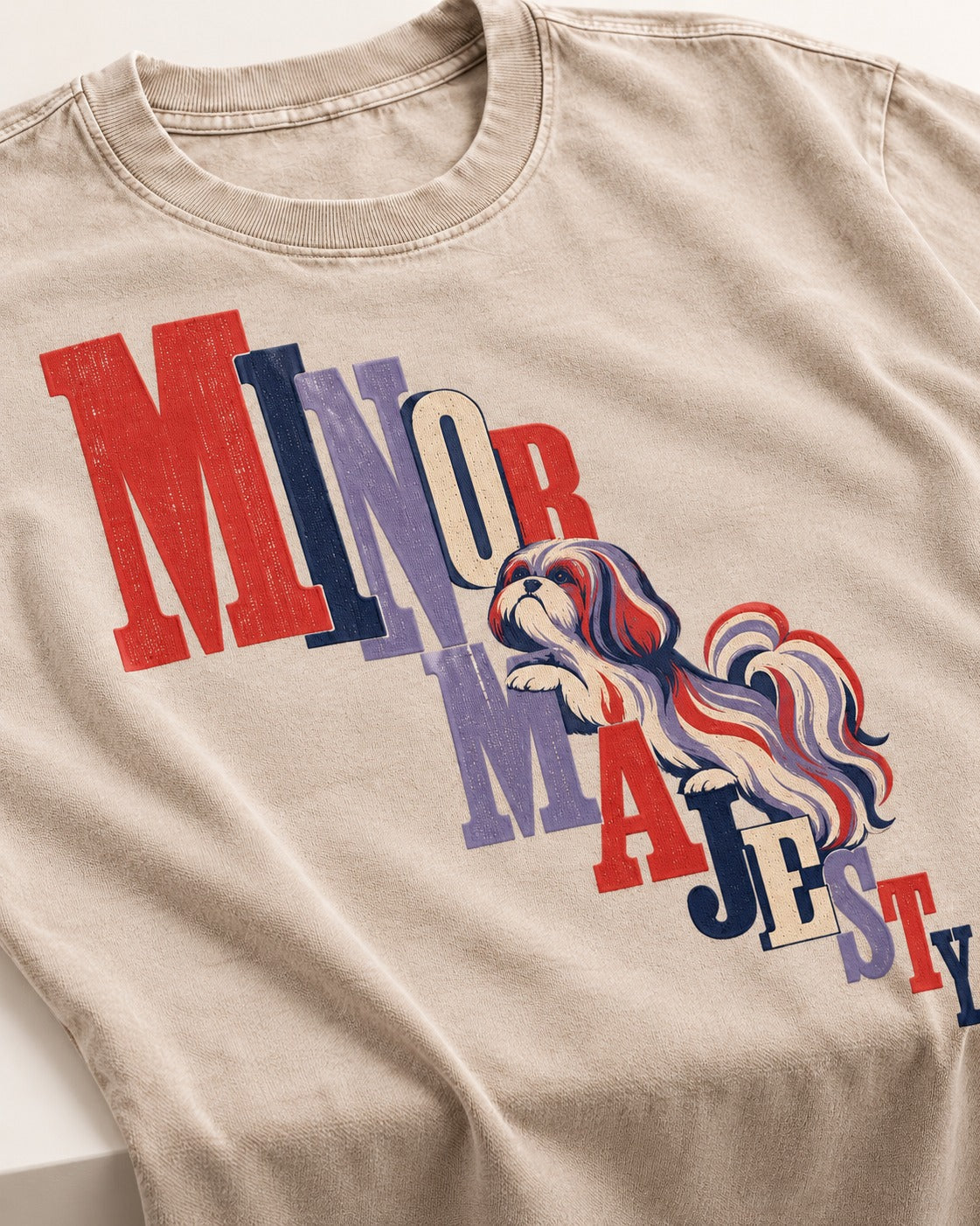 Shih Tzu Minor Majesty Washed Tee in Apricot, close-up of the graphic