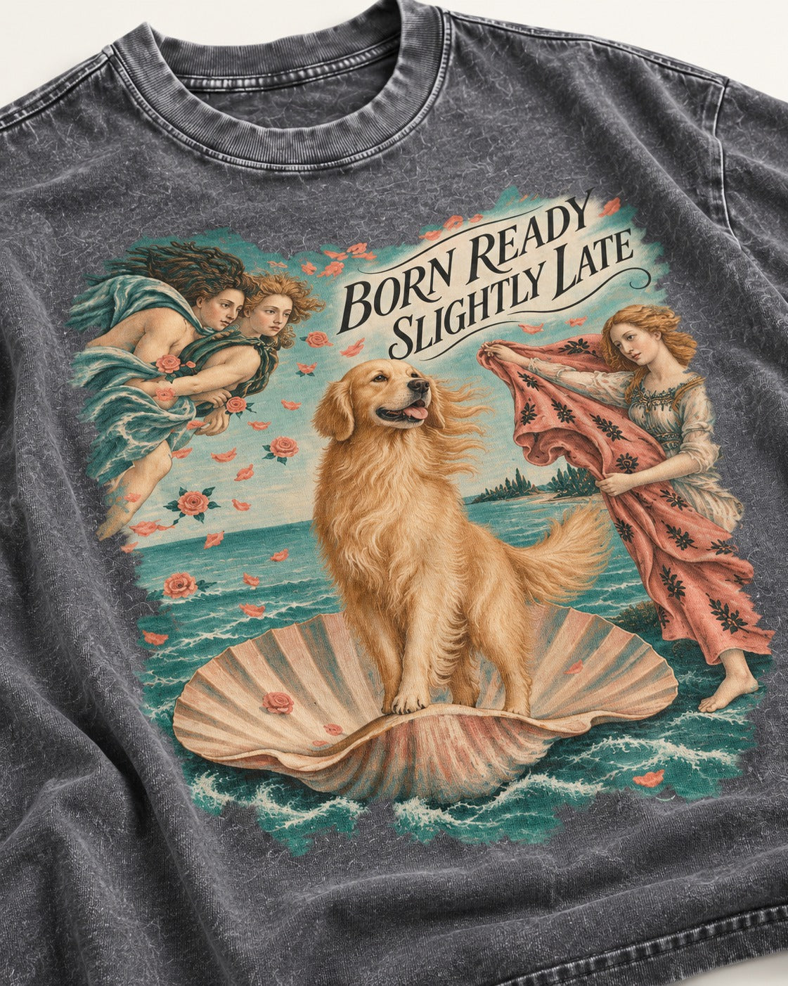 Born Ready Slightly Late Venus Golden Retriever Graphic Washed Tee in Gray, close-up of the graphic