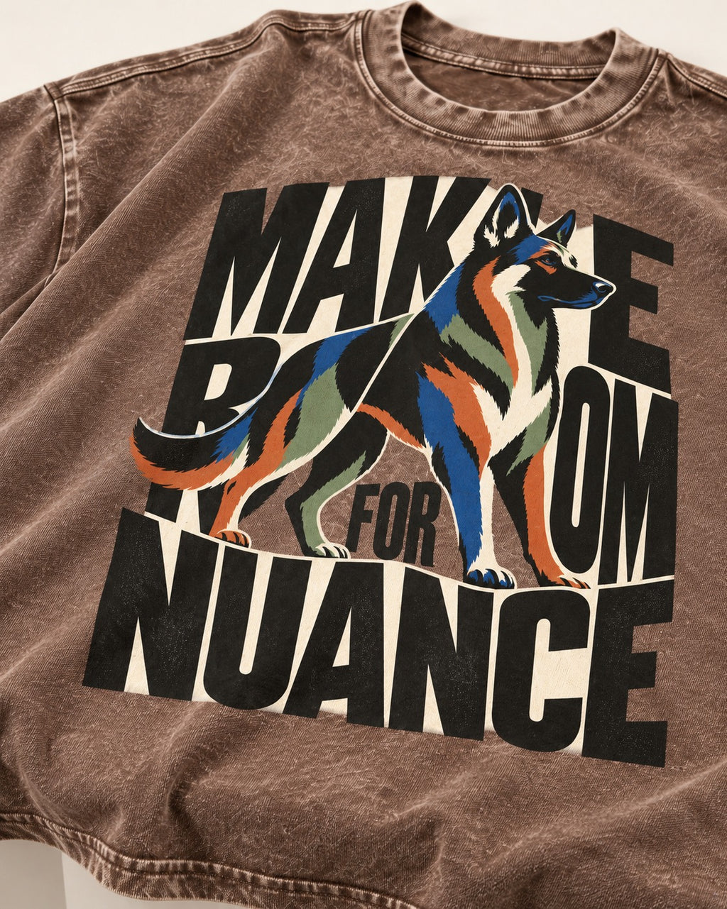 Make Room for Nuance German Shepherd Dog Washed Tee in Coffee, close-up of the graphic
