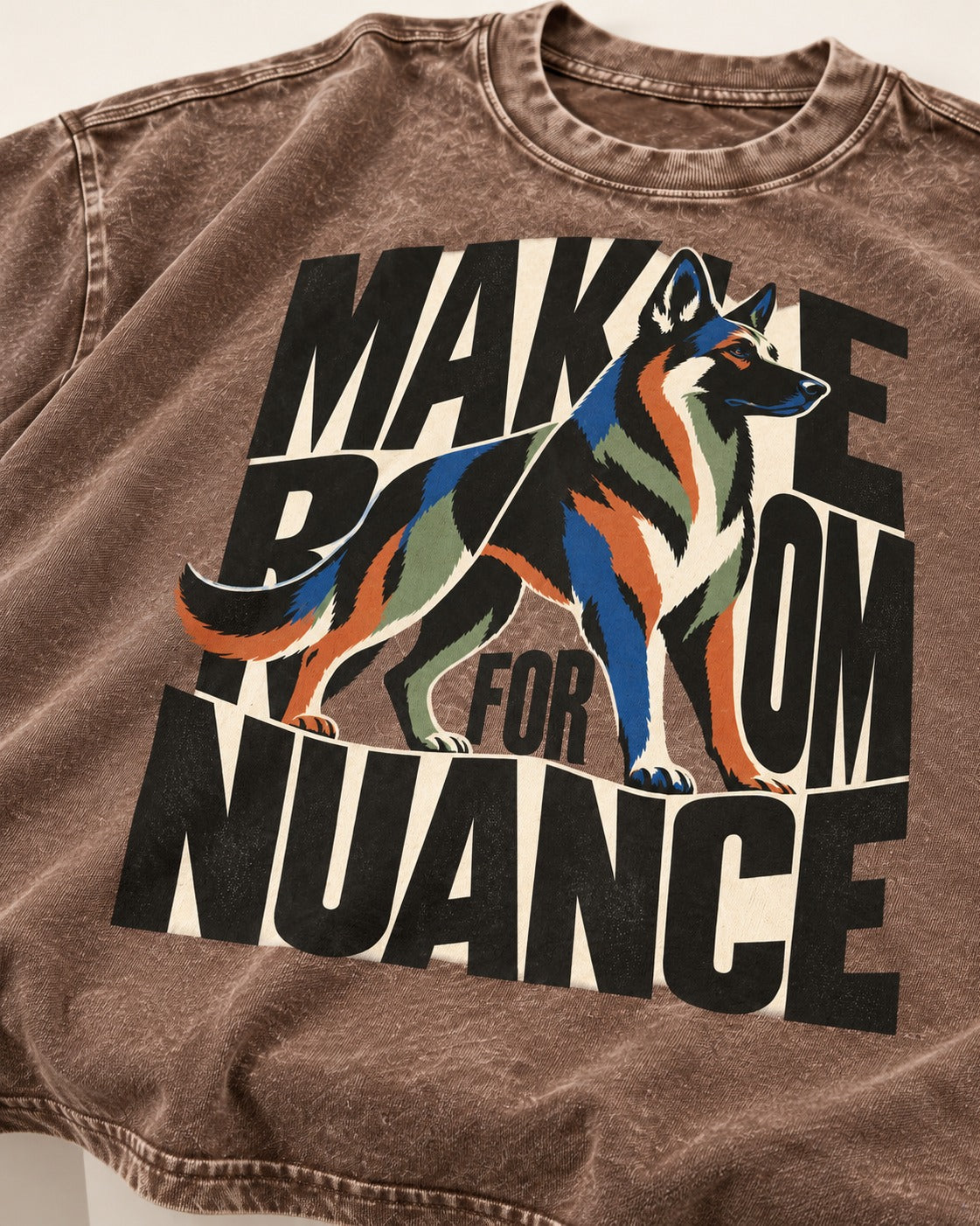 Make Room for Nuance German Shepherd Dog Washed Tee in Coffee, close-up of the graphic