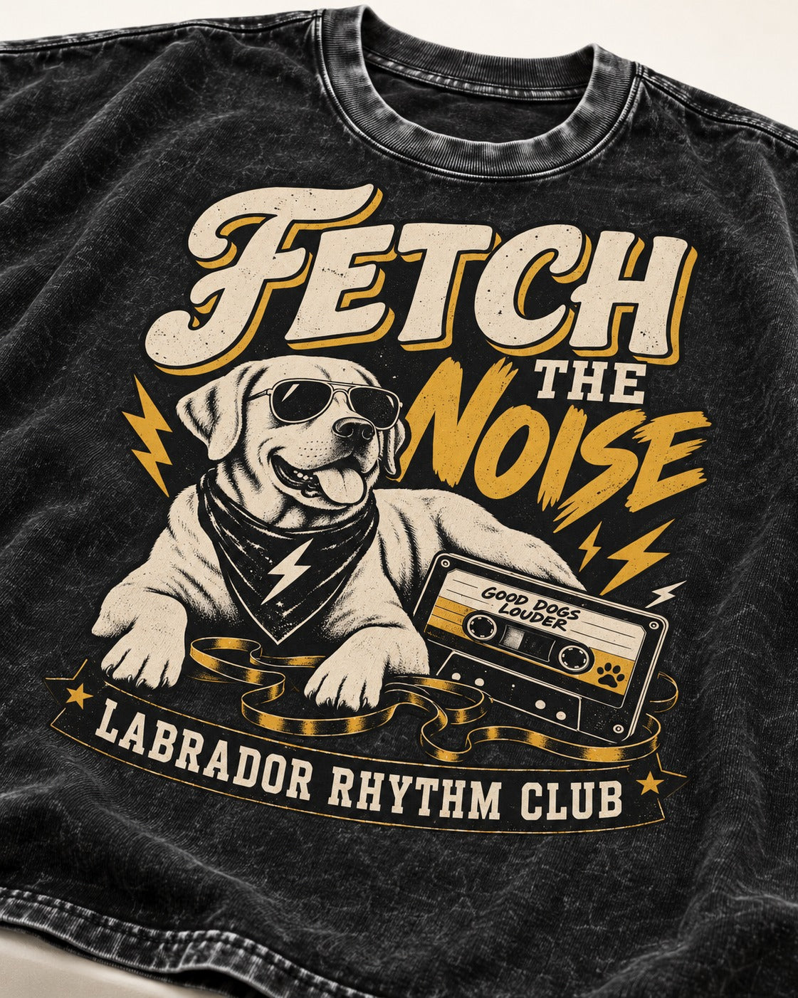 Labrador Retriever Fetch the Noise Rhythm Club DJ Graphic Washed Tee in Black, close-up of the graphic
