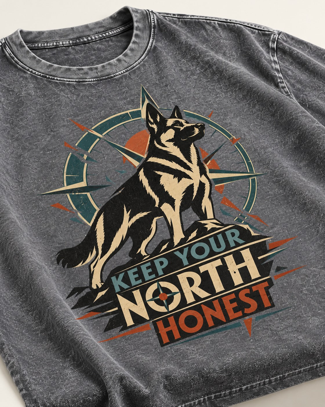 Keep Your North Honest Compass German Shepherd Dog Graphic Washed Tee in Gray, close-up of the graphic