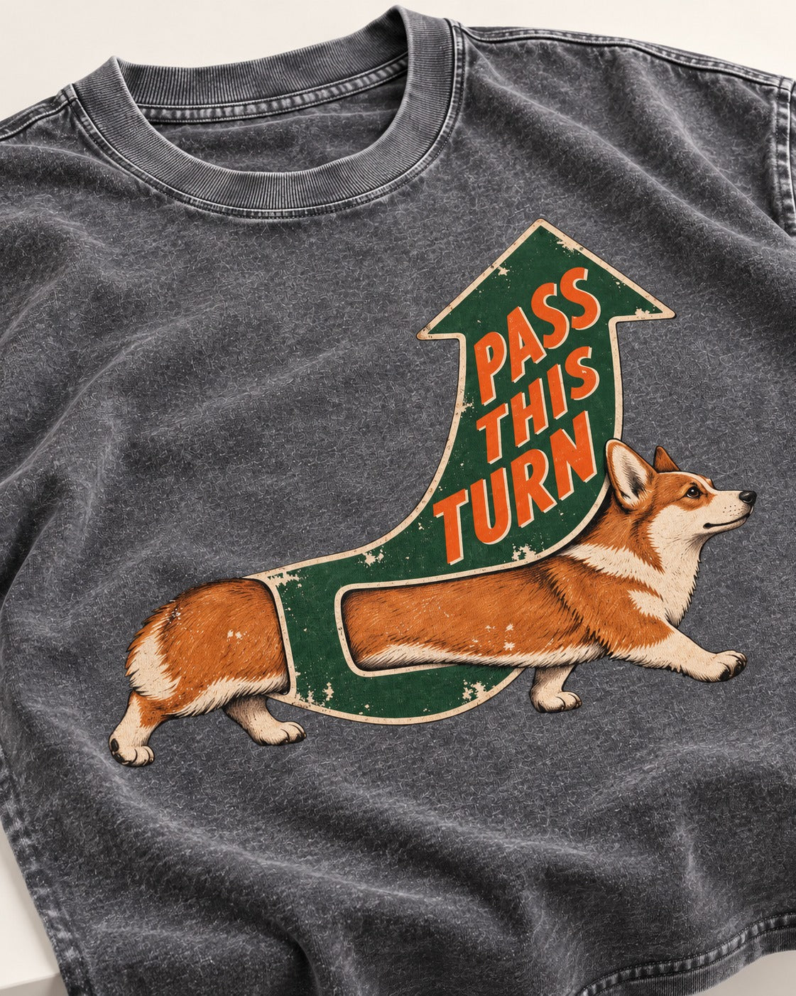 Corgi Pass This Turn Washed Tee in Gray, close-up of the graphic