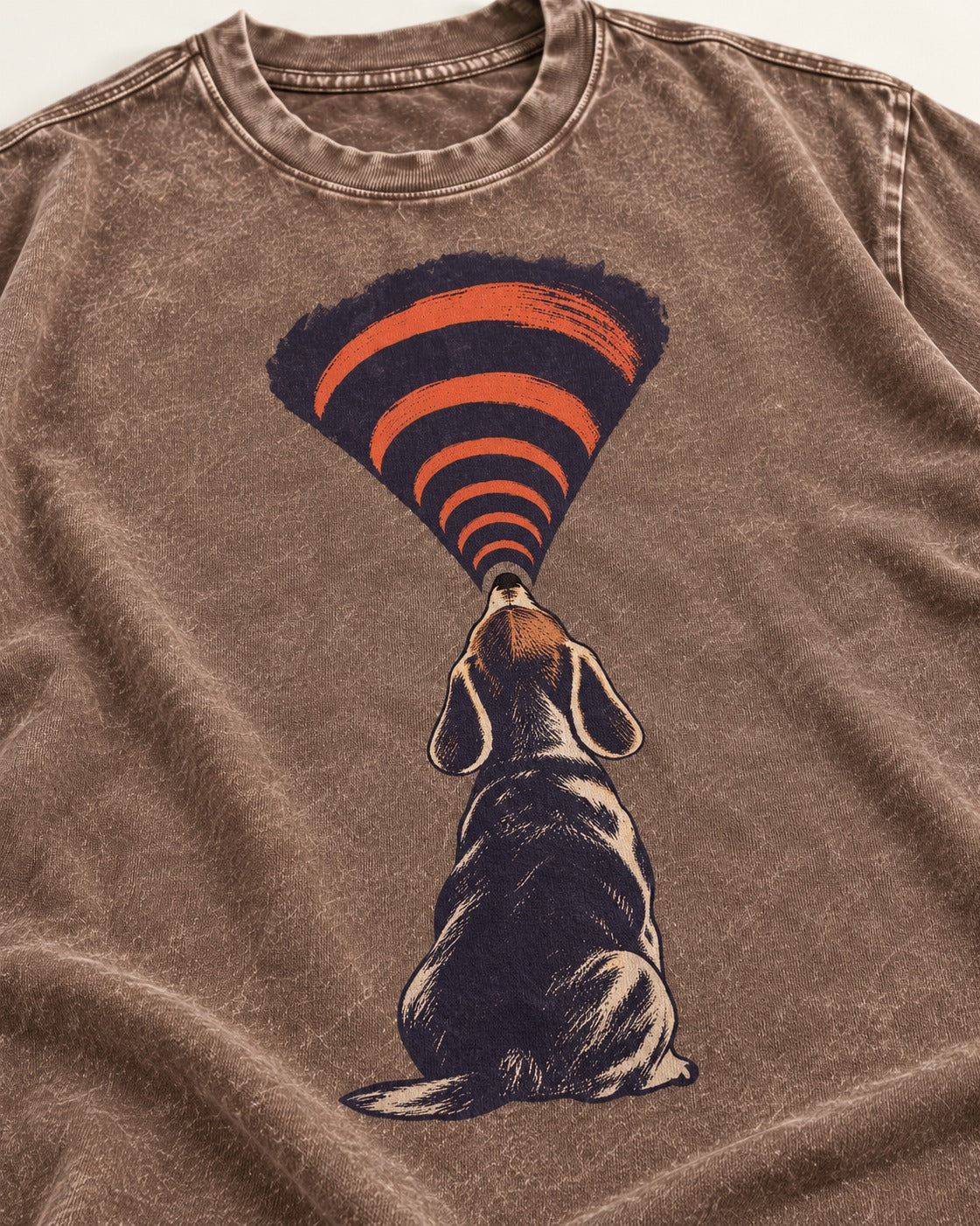 Beagle Broadcast Washed Tee in Coffee, close-up of the graphic