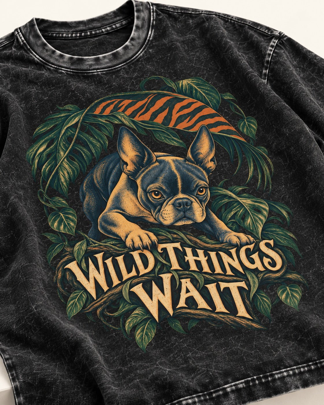 Boston Terrier Wild Things Wait Washed Tee in Black, close-up of the graphic