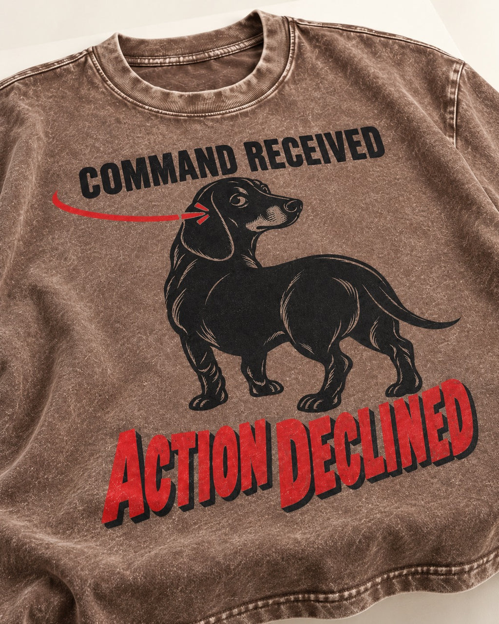 Dachshund Action Declined Washed Tee in Coffee, close-up of the graphic