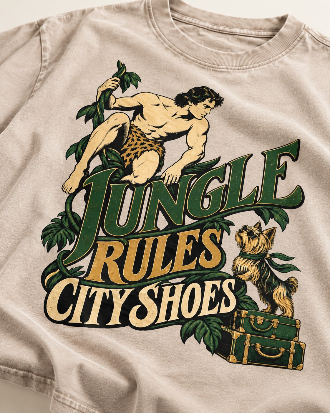 Jungle Rules City Shoes Yorkshire Terrier Washed Tee in Apricot, close-up of the graphic