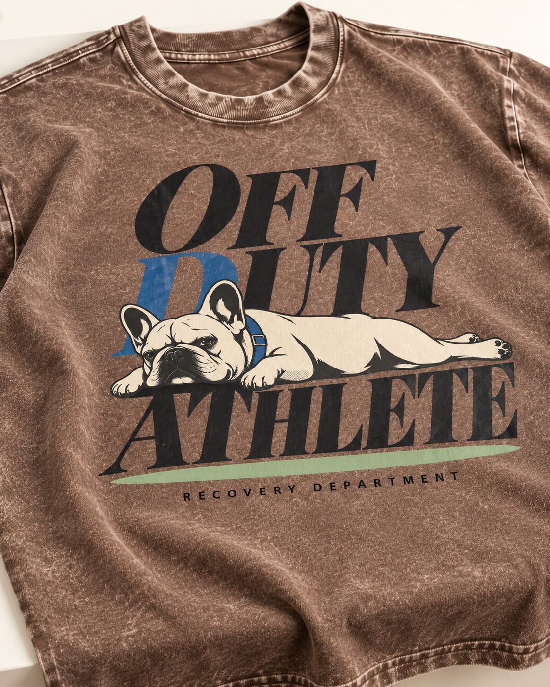 Off Duty Athlete Frenchie Washed Tee in Coffee, close-up of the graphic