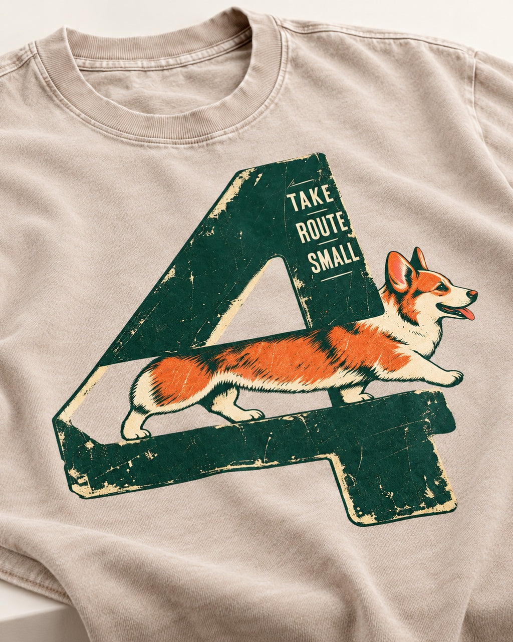 Take Route Small Corgi Washed Tee in Apricot, close-up of the graphic