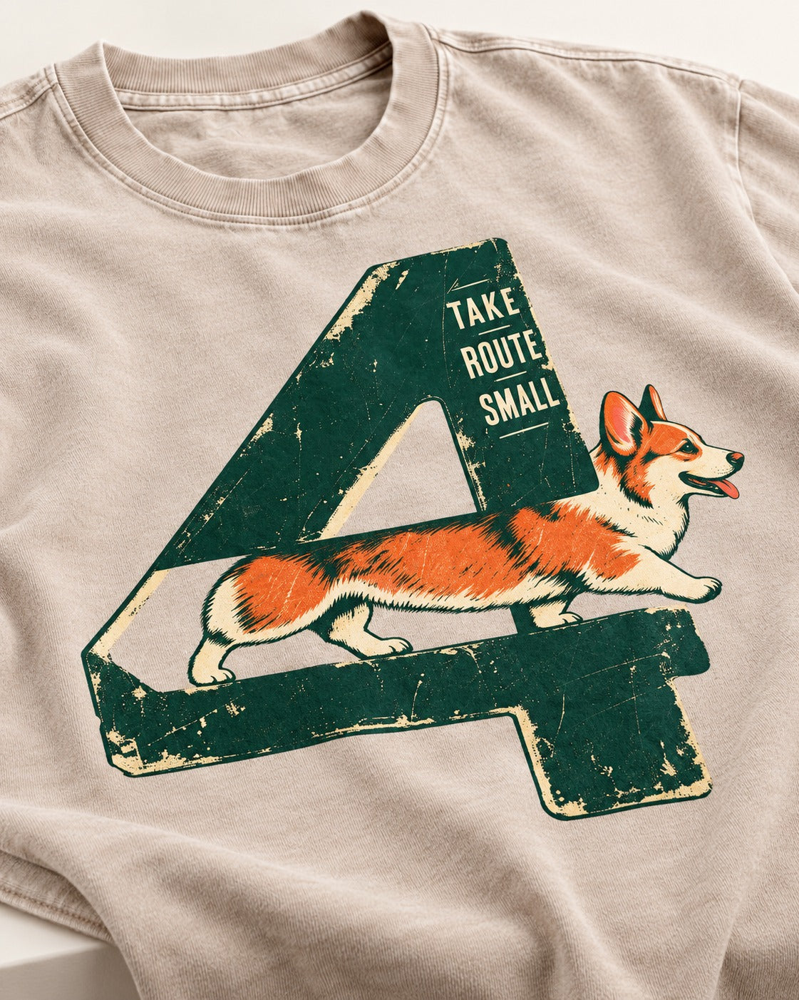 Take Route Small Corgi Washed Tee in Apricot, close-up of the graphic