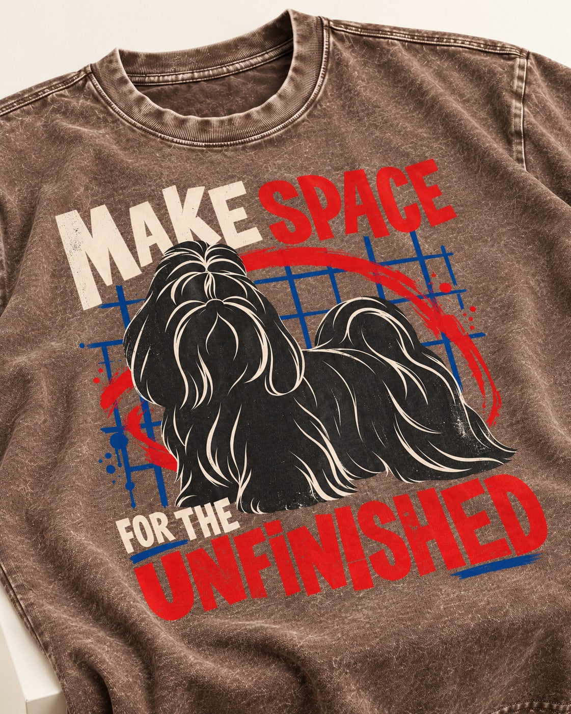 Shih Tzu Make Space for the Unfinished Abstract Circle Graphic Washed Tee in Coffee, close-up of the graphic