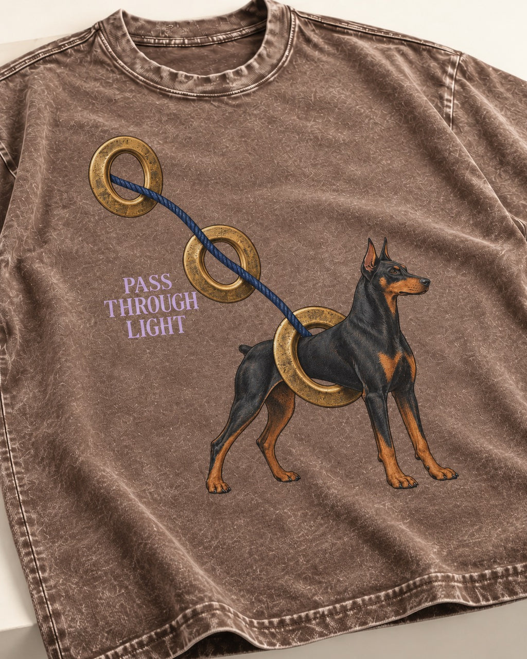 Doberman Pass Through Light Ring Graphic Washed Tee in Coffee, close-up of the graphic