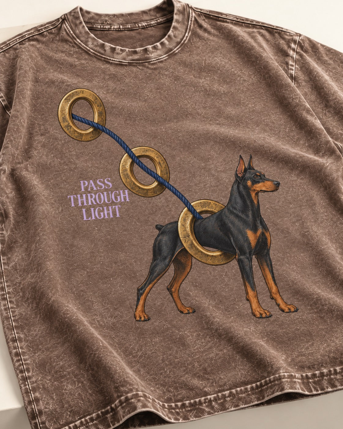 Doberman Pass Through Light Ring Graphic Washed Tee in Coffee, close-up of the graphic