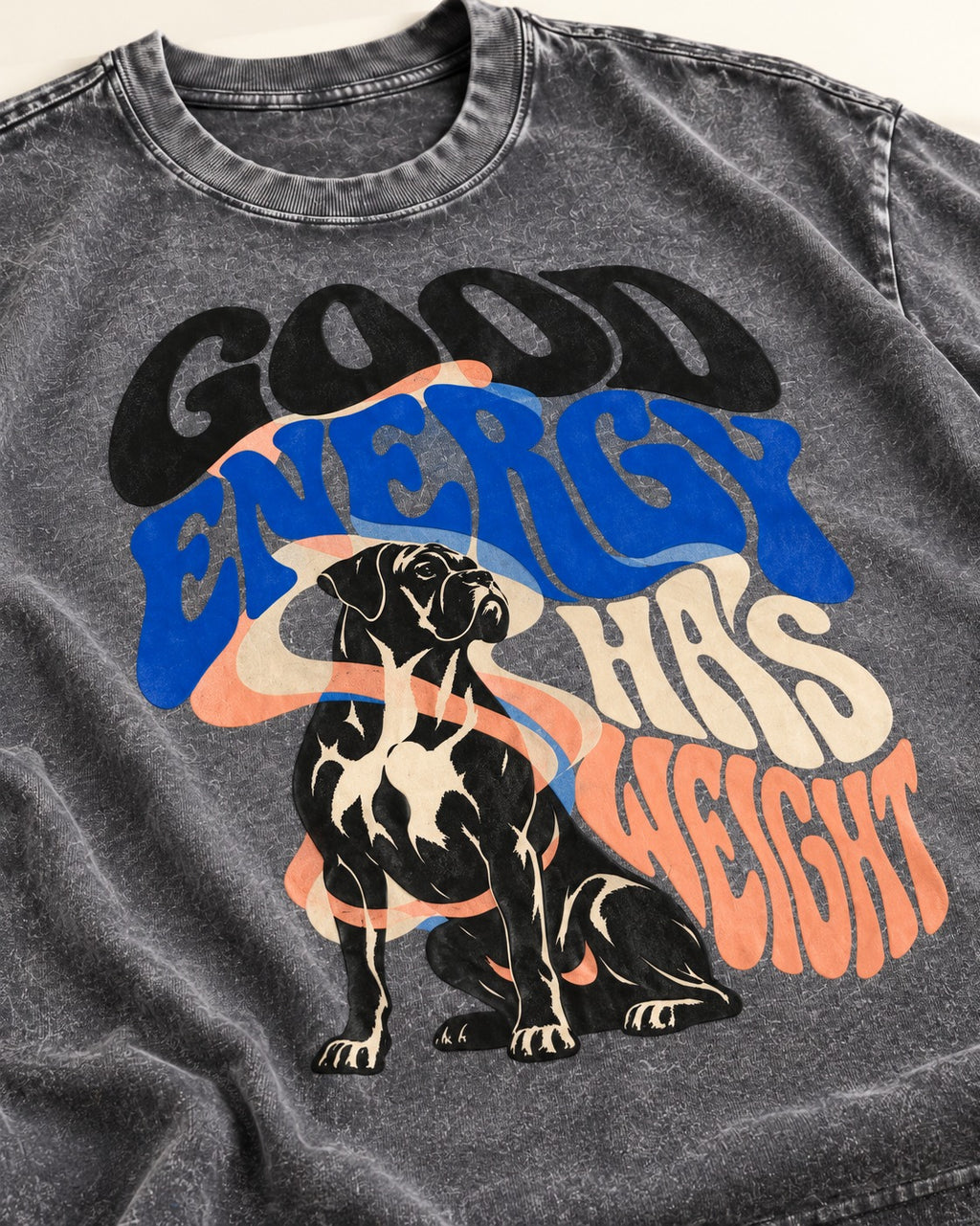 Good Energy Has Weight Boxer Retro Typography Washed Tee in Gray, close-up of the graphic