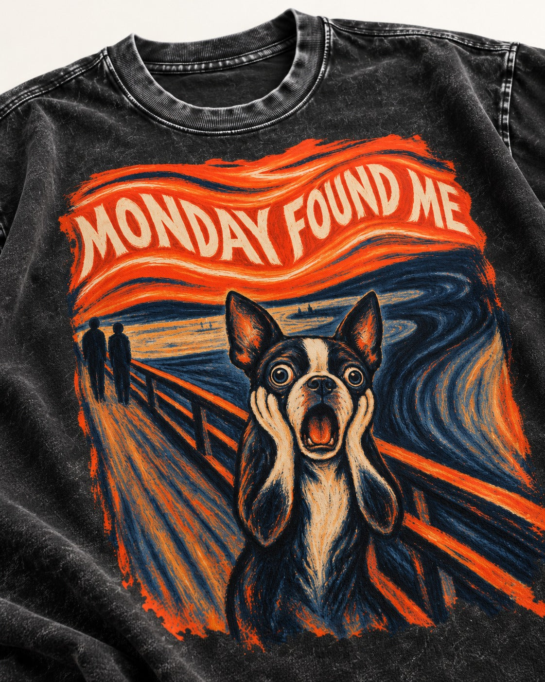 Monday Found Me Boston Terrier Scream Graphic Washed Tee in Black, close-up of the graphic
