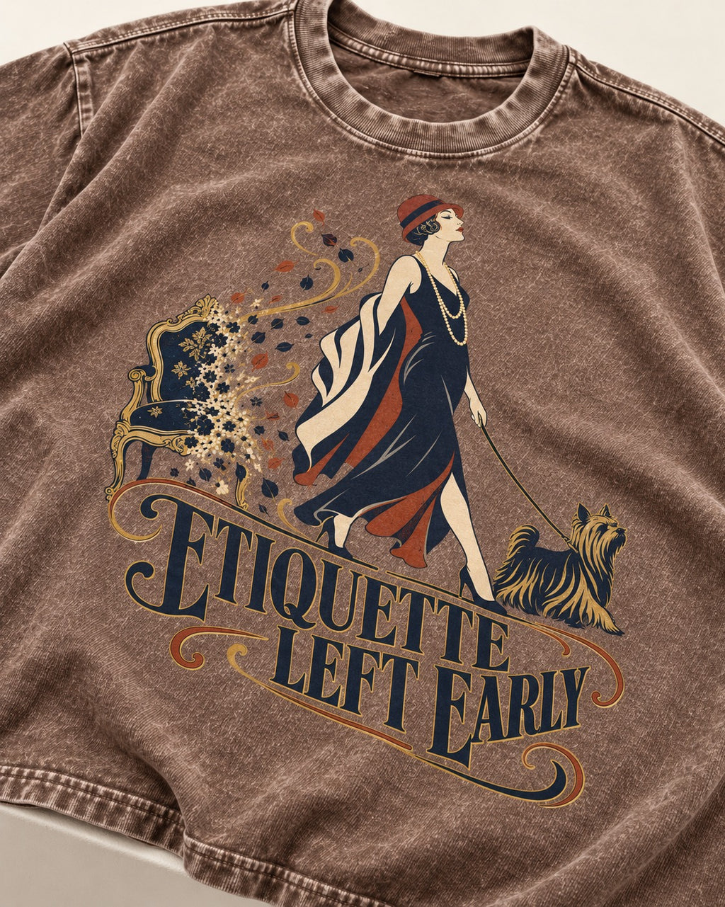 Yorkshire Terrier Etiquette Left Early Washed Tee in Coffee, close-up of the graphic