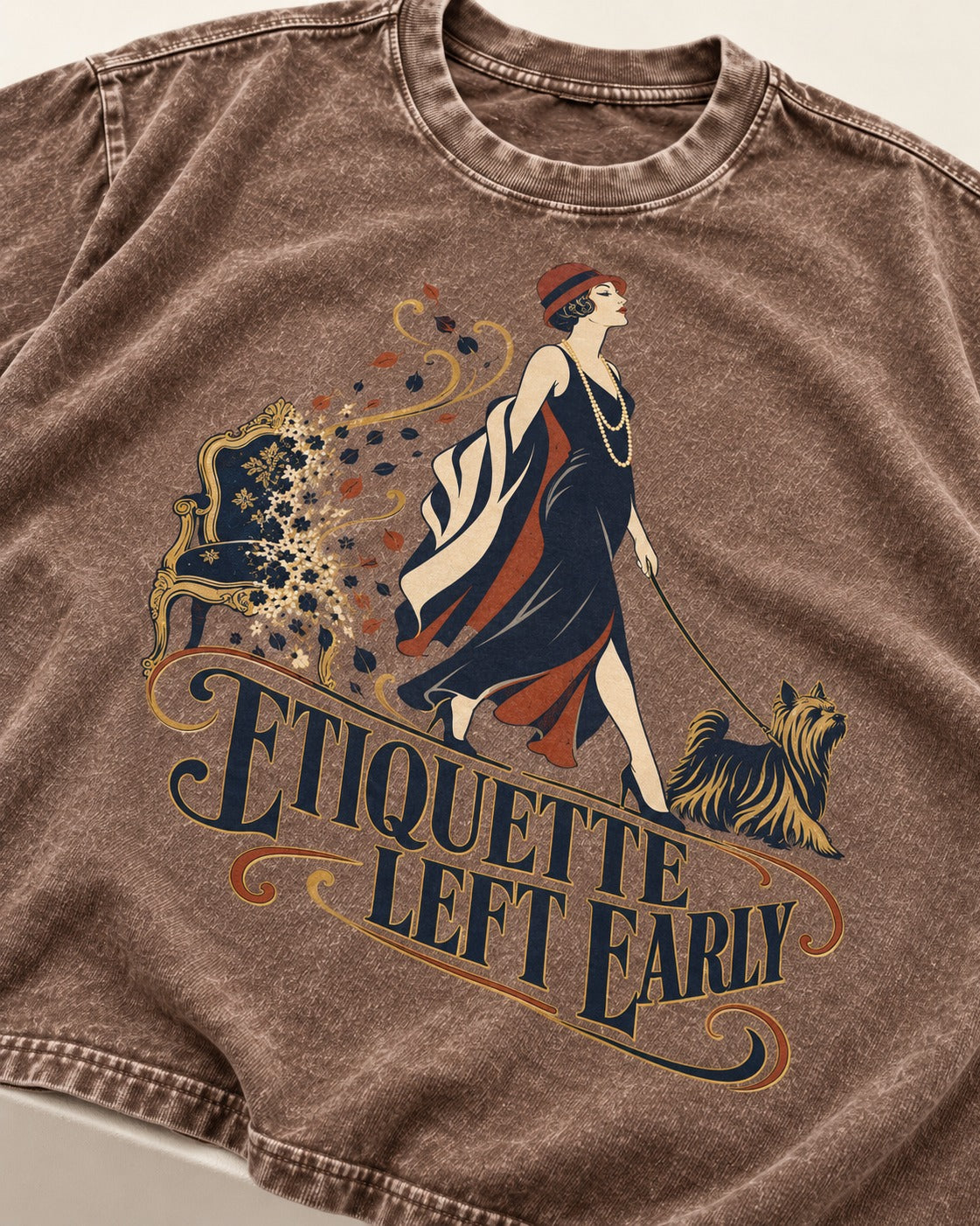 Yorkshire Terrier Etiquette Left Early Washed Tee in Coffee, close-up of the graphic