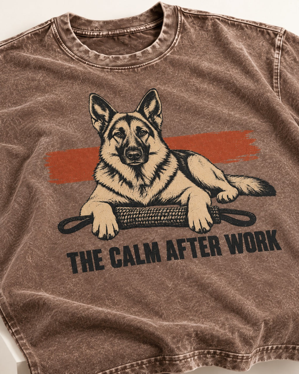 German Shepherd Dog The Calm After Work Washed Tee in Coffee, close-up of the graphic