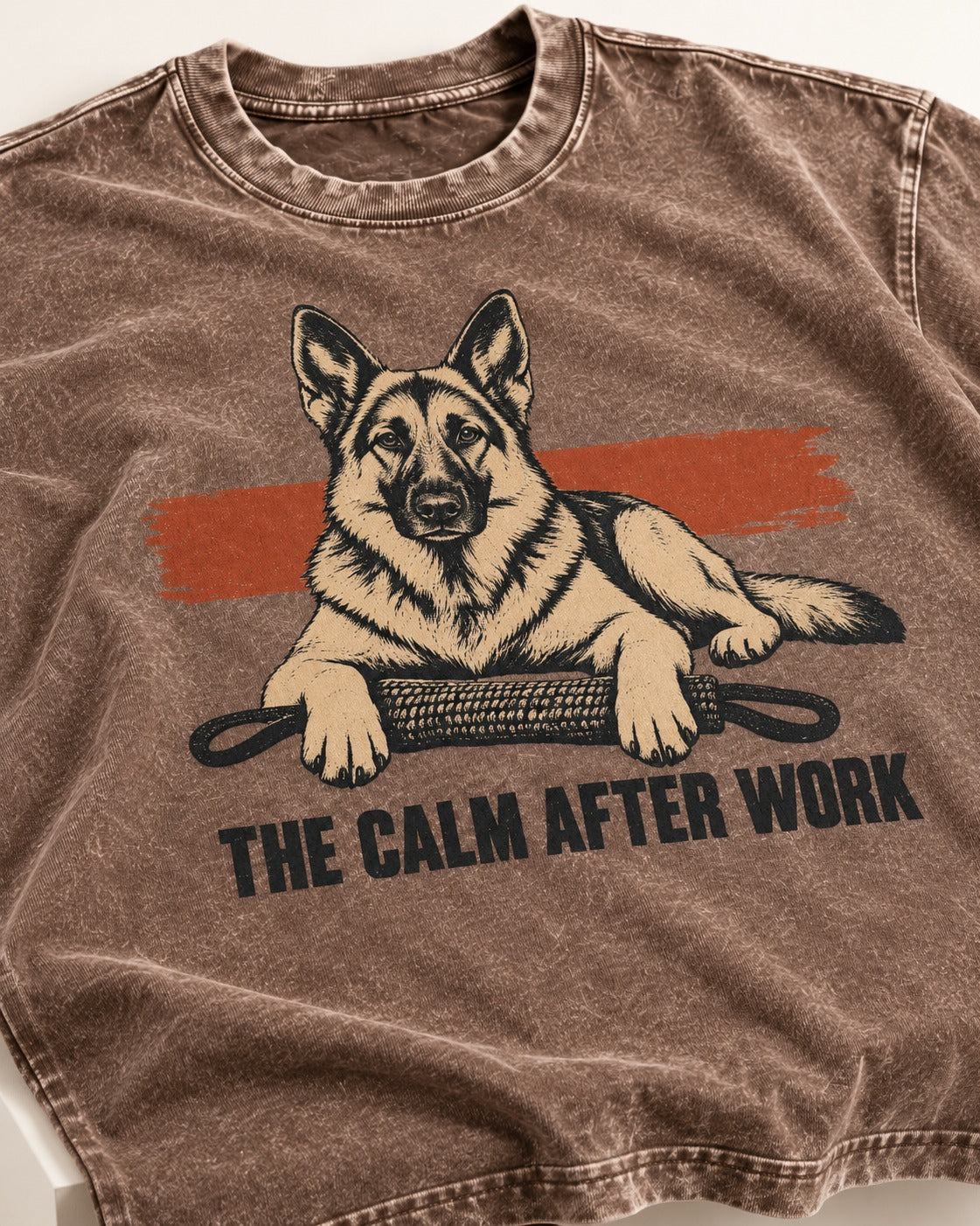 German Shepherd Dog The Calm After Work Washed Tee in Coffee, close-up of the graphic