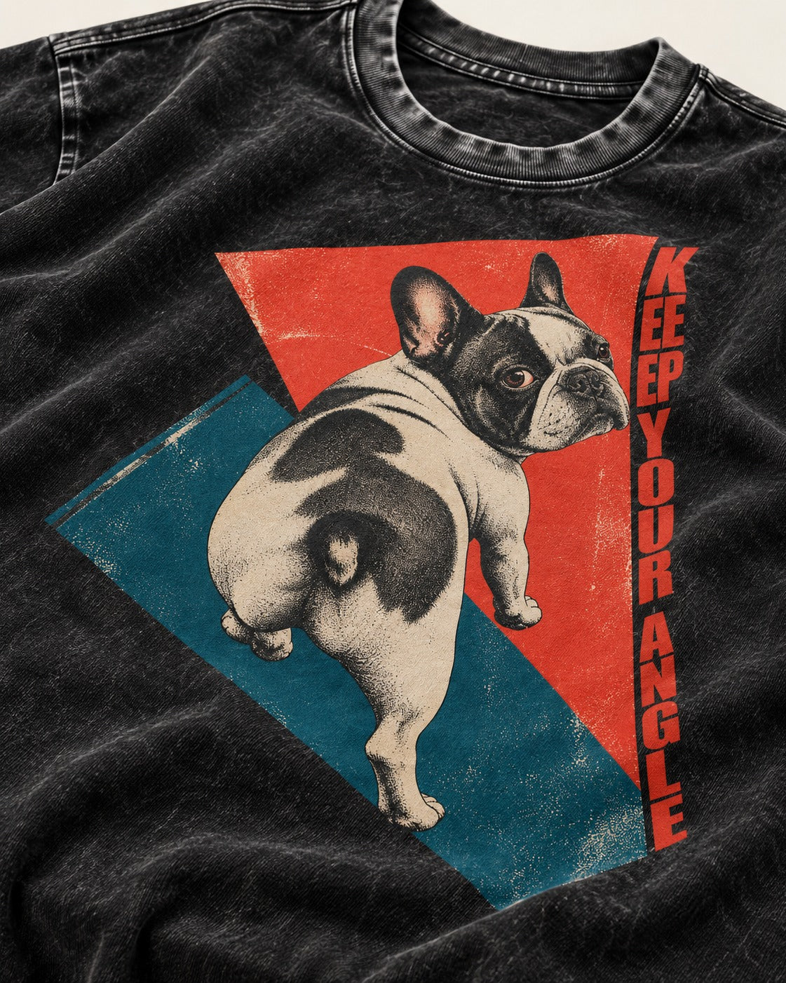 Frenchie Keep Your Angle Geometric Graphic Washed Tee in Black, close-up of the graphic