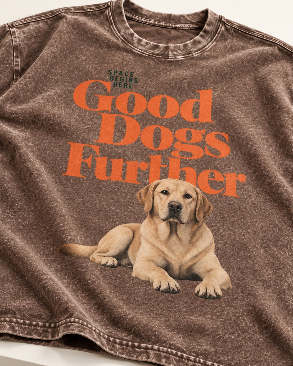 Good Labrador Retriever Goes Further Washed Tee in Coffee, close-up of the graphic