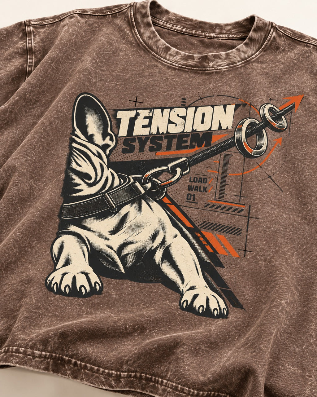 Frenchie Tension System Washed Tee in Coffee, close-up of the graphic